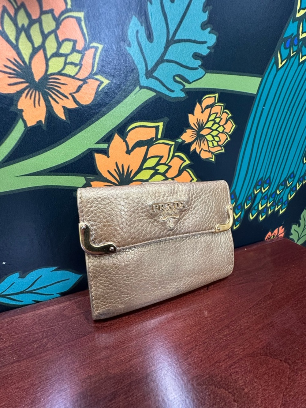 Prada Metallic Gold Leather Wallet Fold Over Long Wallet Milano Italy - Picture 5 of 14